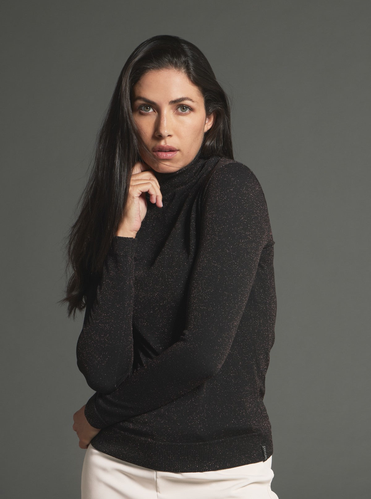 Modellierendes Rollkragen-Shirt Lurex Schwarz-Lurex Braun