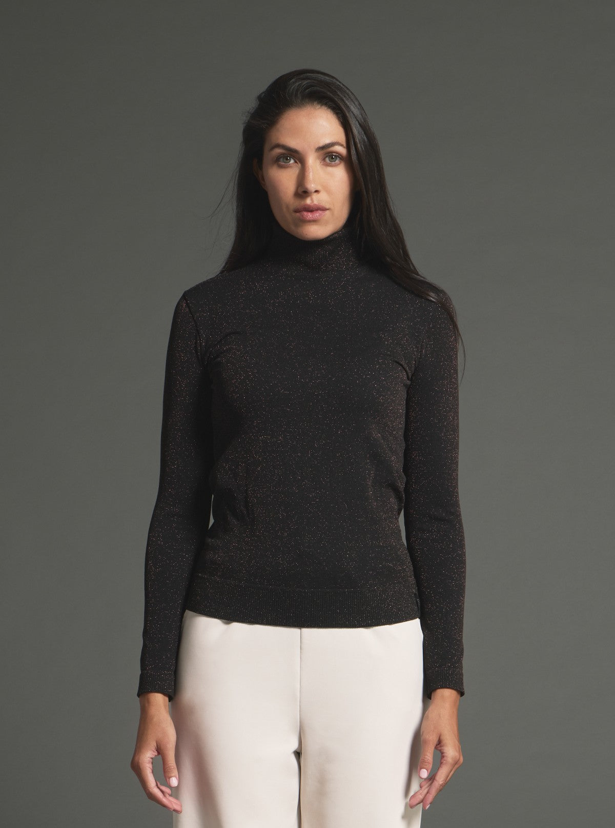 Modellierendes Rollkragen-Shirt Lurex Schwarz-Lurex Braun