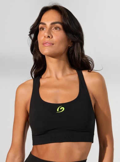 Opaque Melange Sports Bra with Embroidered Logo Black-Yellow