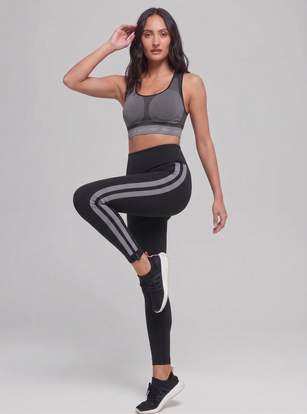 Superslim Leggings with Black Side Bands-Grey Stripes