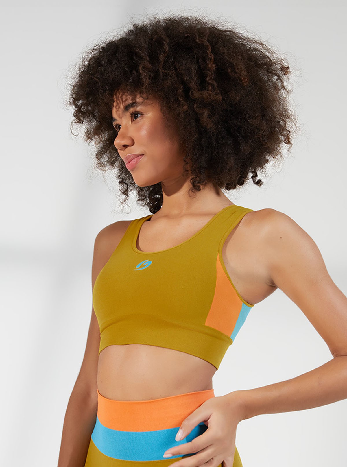 Double-Face Top mit senf-orange-blauen Bändern