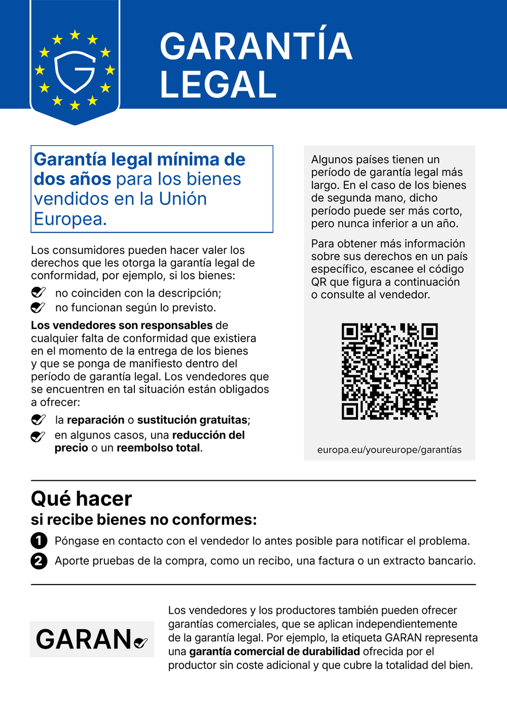 Aviso oficial de la UE sobre la garantía legal de conformidad