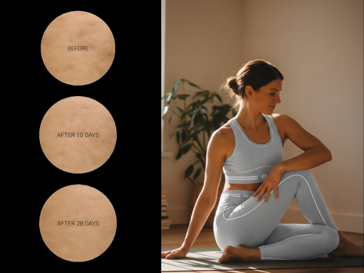 Visible improvement in skin appearance after 28 days of consistent use of BeGood leggings.