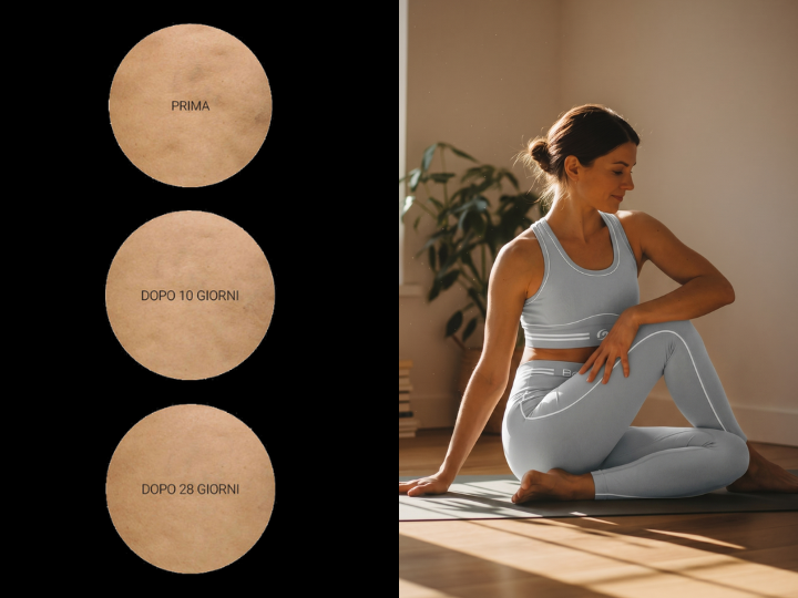 Miglioramento visibile dell'aspetto della pelle dopo 28 giorni di utilizzo costante dei leggings BeGood