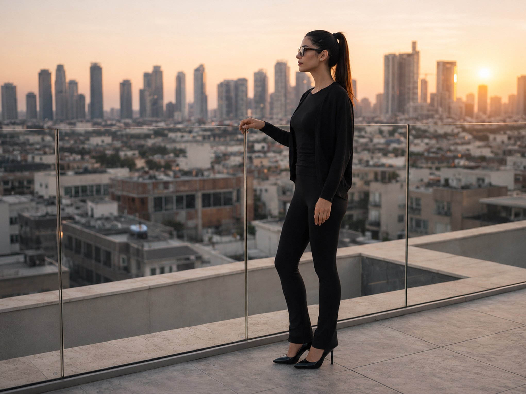 Woman at sunset in the city wearing black BeGood shaping flared leggings and an elegant comfort-fit outfit.