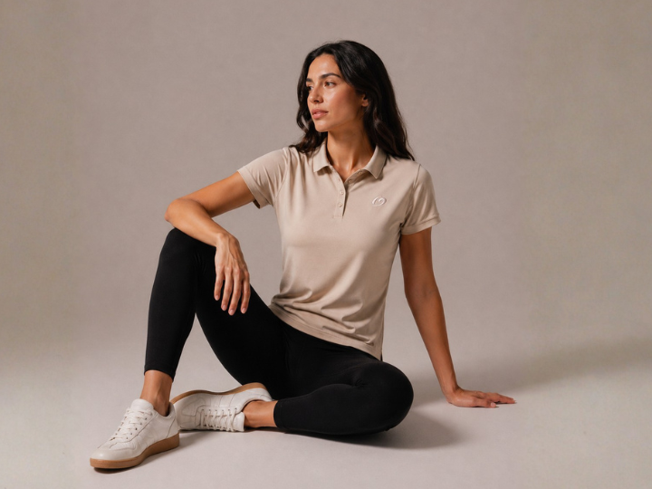 Ragazza seduta che indossa leggings superslim e polo BeGood in un look sportivo e casual.