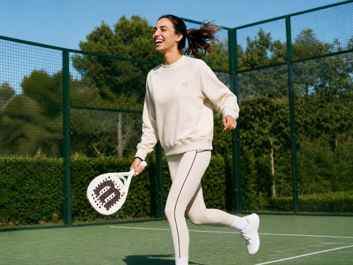 Una ragazza gioca a tennis indossando leggings e felpa Urban Flow, in un look sportivo e dinamico.
